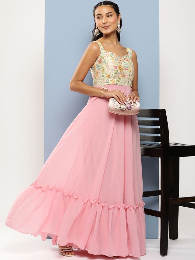 Bollywood Vogue Ready To Wear Off White N Pink Georgette Gown