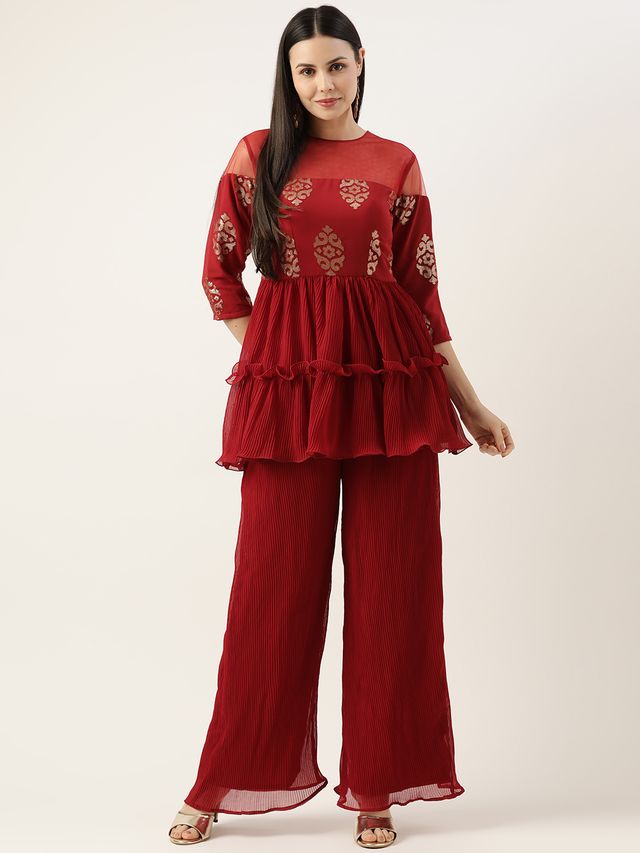 Bollywood Vogue Ready To Wear Maroon Georgette Sequins Wide Leg Pant Set