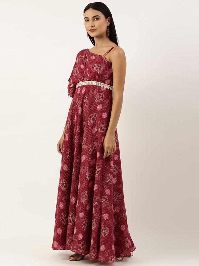Bollywood Vogue Ready To Wear Wine Georgette One Shoulder Style Gown