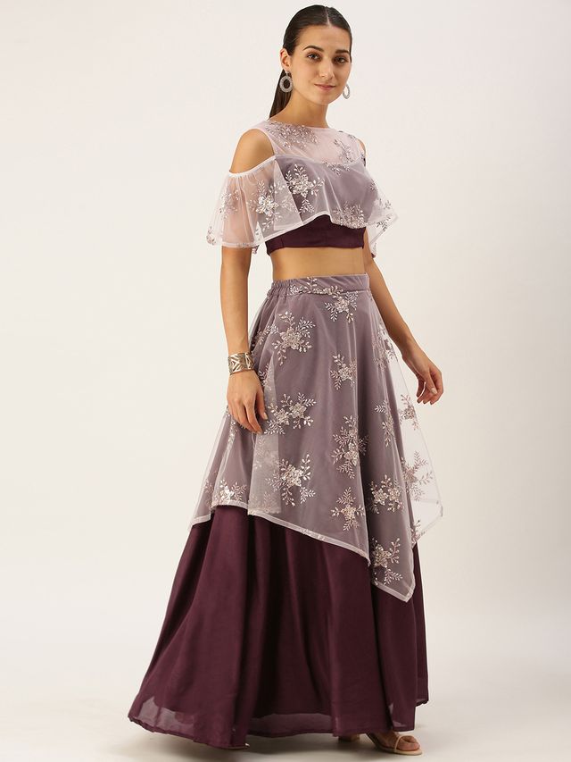 Bollywood Vogue Ready To Wear Mauve Net Embroidered Handkerchief Style Skirt Set