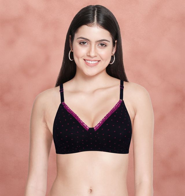 Susie 3/4th Coverage BlackBeauty Dark Pink Polka Printed Adjustable, Non Detachable Non Padded wirefree Bra