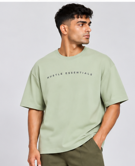 HUSTLE Essentials Men's Crew Neck Oversized T-Shirt – Light Sage Green(Oversized fit)