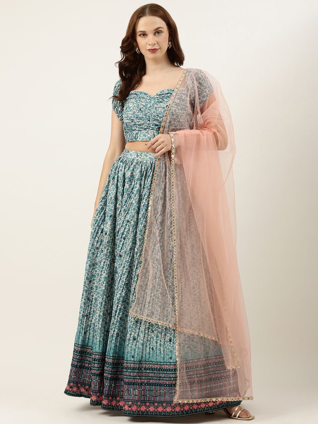 Bollywood Vogue Ready To Wear Cream and Blue Printed N Embroidered Lehenga Set