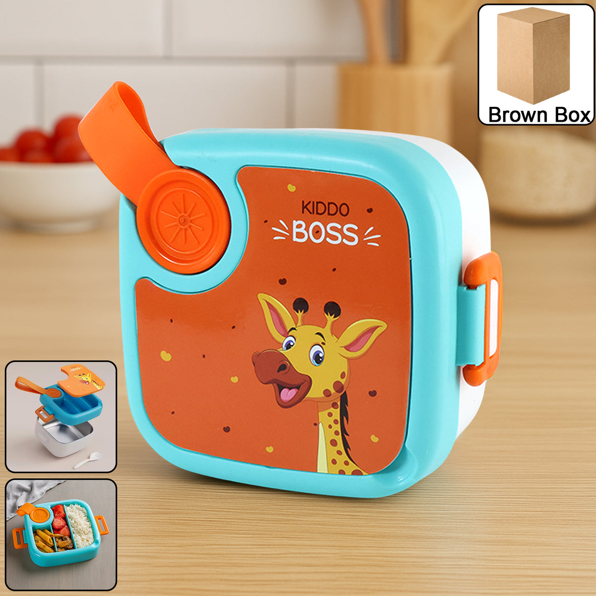 Kids Cartoon Lunch Box with Stainless-Steel Inner Tray – Leak-Resistant 4-Lock Lid, Steam-Release Vent & BPA-Free Outer Case- (1 Set)