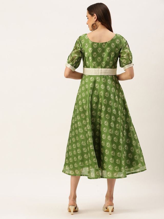 Bollywood Vogue Ready To Wear Green Art Silk Digital Printed Dress
