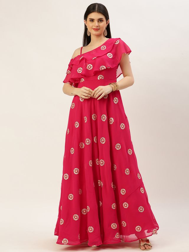 Bollywood Vogue Ready To Wear Dark Pink Georgette Embroidered Gown