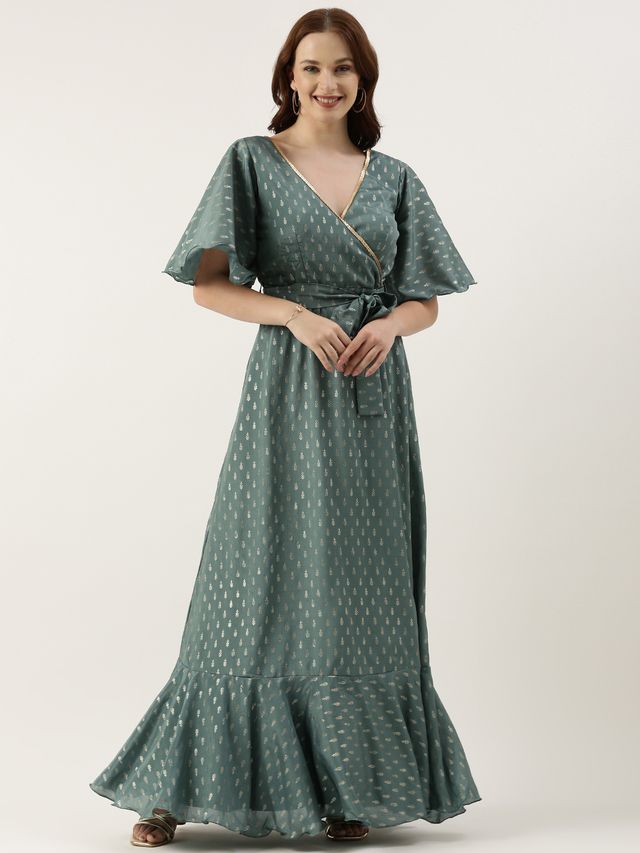 Bollywood Vogue Ready To Wear Green Chinon Foil Printed Gown