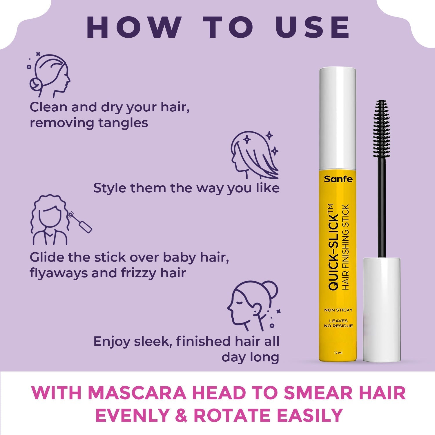 Sanfe Quick Slick Hair Finishing Stick For Women | Anti Flyaway for Smooth, Non-Greasy, and Non-Oily Look | Non-Sticky, Leaves No Residue| For frizzy and baby hair fix 12ml