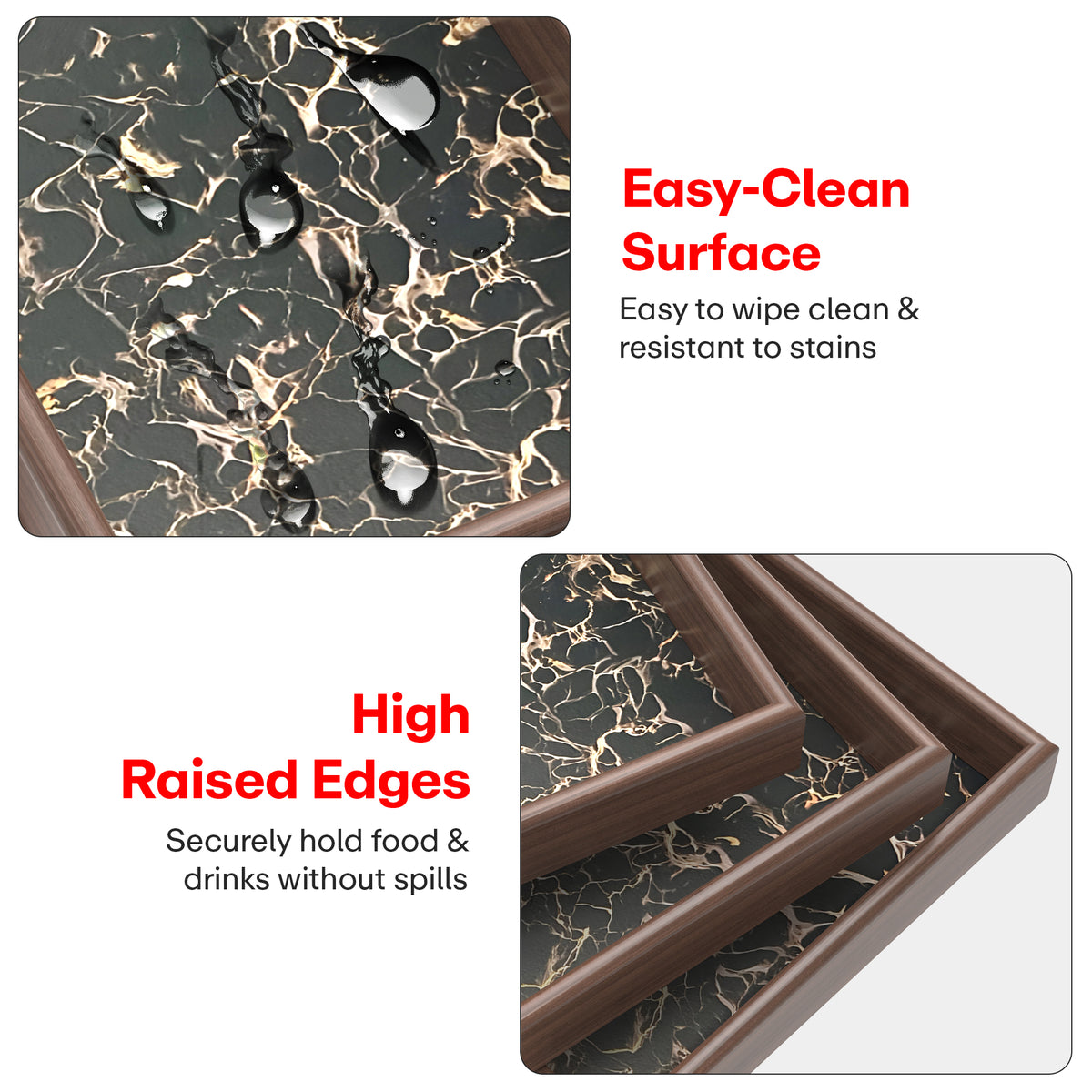 Rioware Wooden Serving Tray Set of 3 | Bamboo Tea & Coffee Serving Trays | Decorative Resin Kitchen & Dining Tray Set | Snack, Breakfast & Home Décor | Midnight Ember