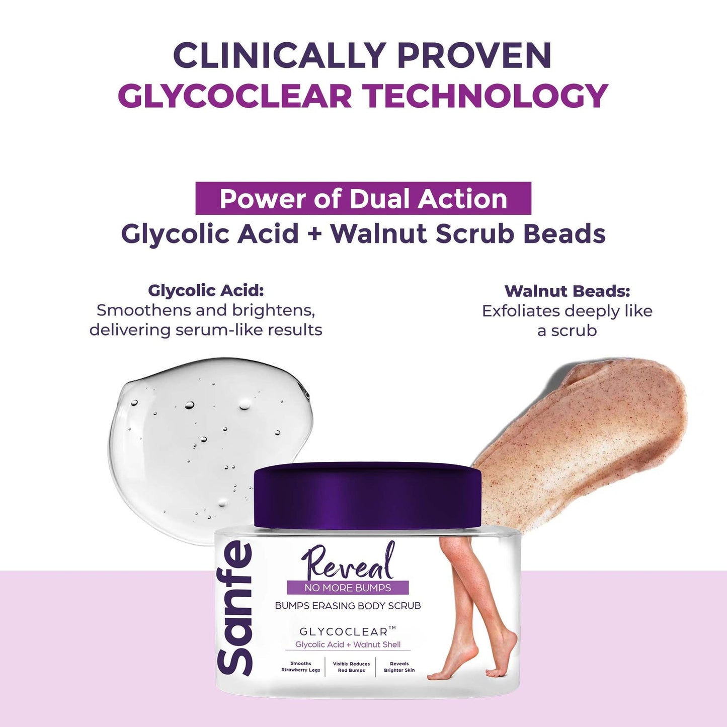 Sanfe Reveal No More Bumps Erasing Body Scrub for Rough & Bumpy Skin, Tan and Strawberry Legs Glycolic Acid, Walnut Shell Bath to Remove Dirt, Dead Skin 100g for women for soft & bright skin