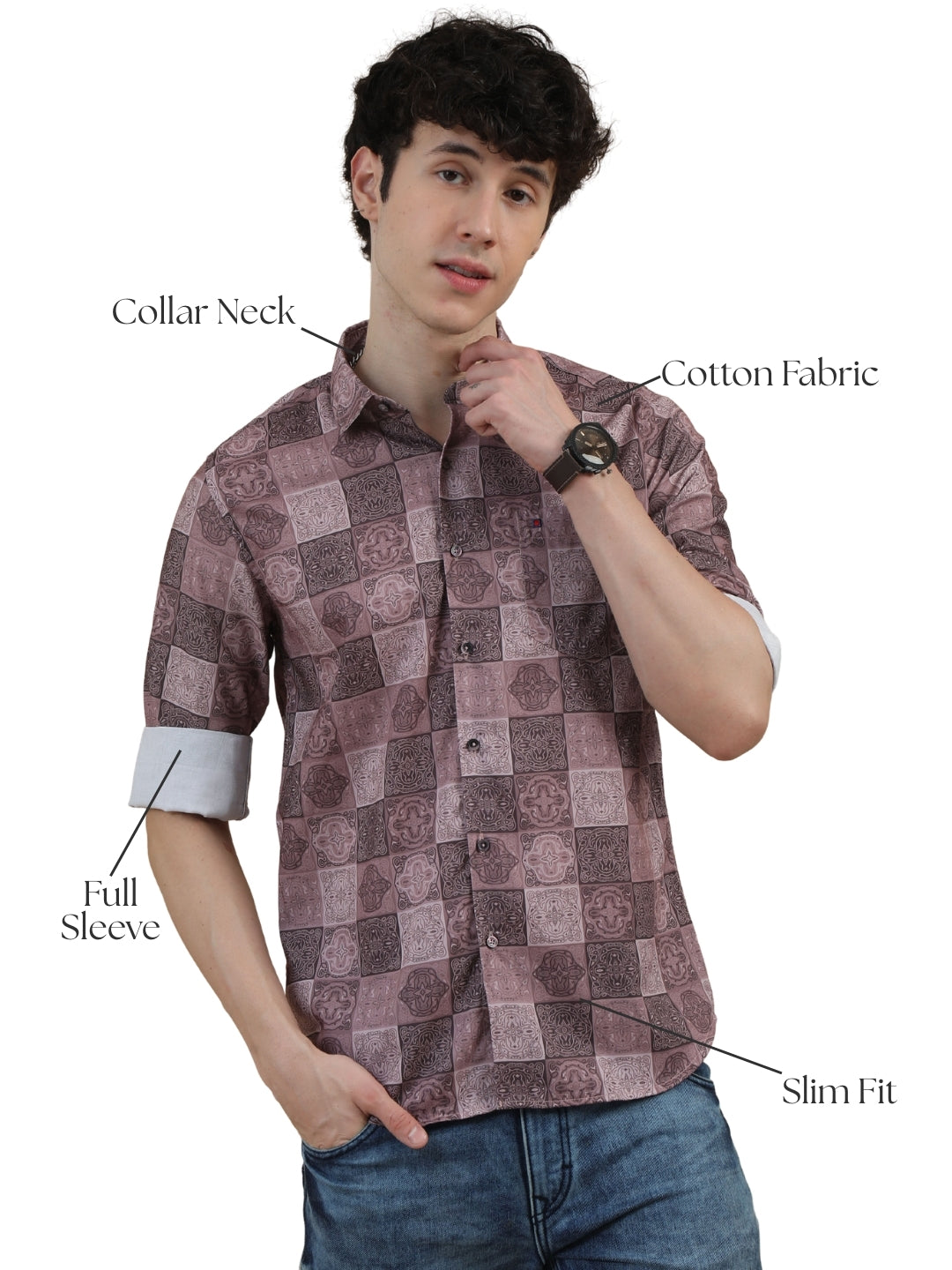 Men Dark Brown Slim Fit Printed Full Sleeve Casual Shirt Cool Colors