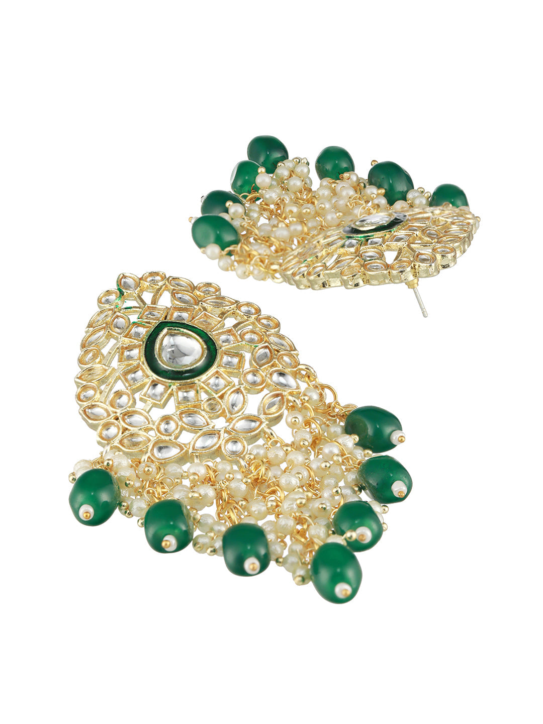Green Gold Plated Kundan Studded & Beaded Meenakari Drop Earrings