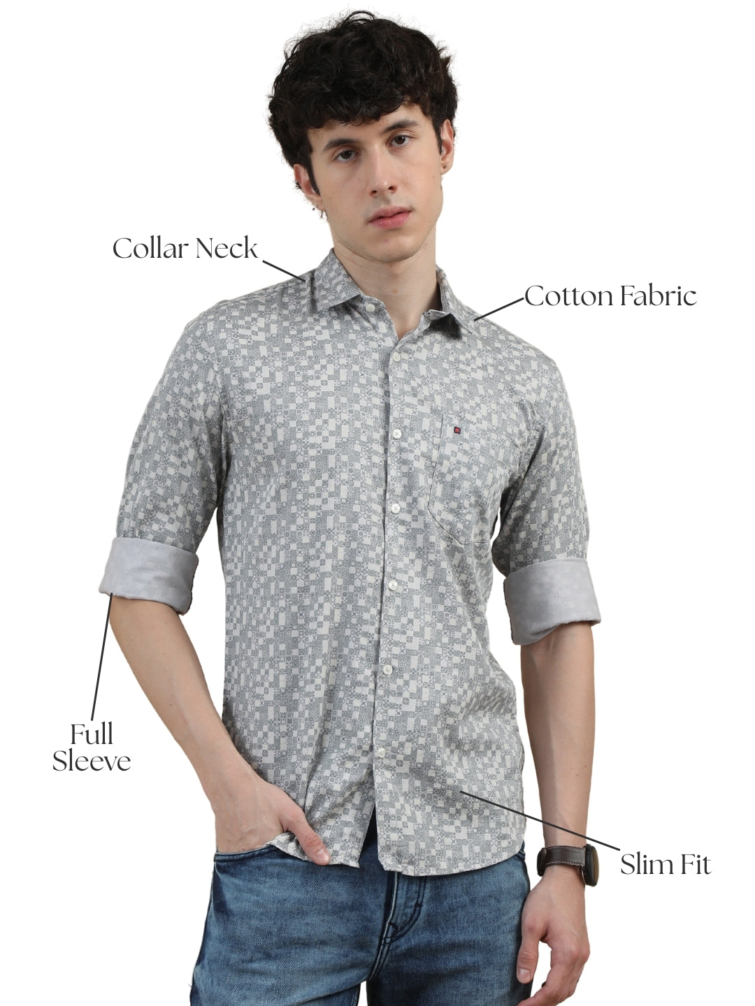 Men Light Grey Slim Fit Printed Full Sleeve Casual Shirt Cool Colors