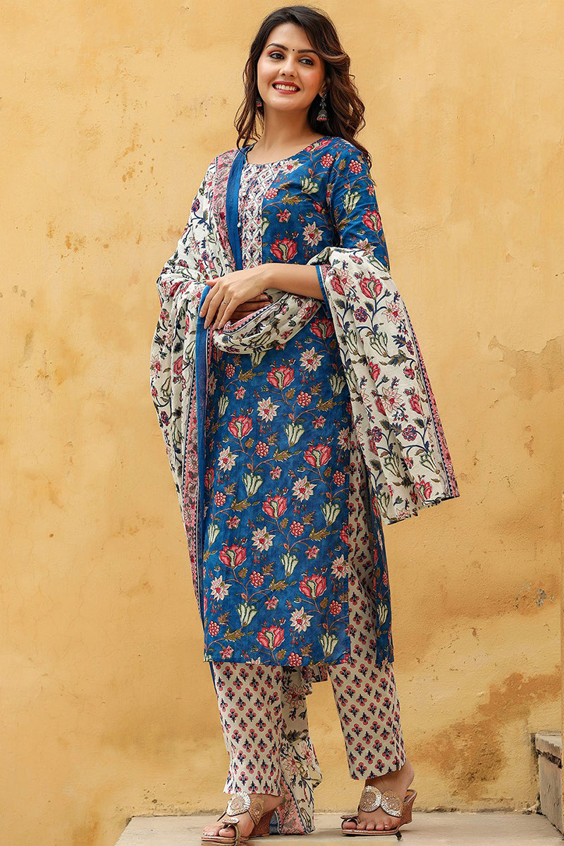 Blue Rayon Blend Floral Printed Straight Suit Set