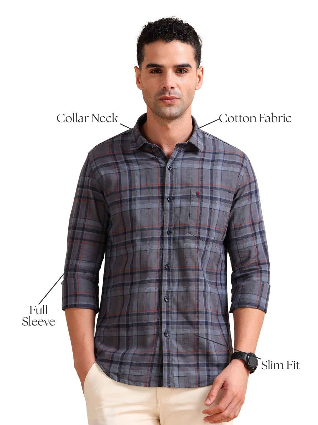 Men Dark Grey Slim Fit Checks Full Sleeve Casual Shirt Cool Colors