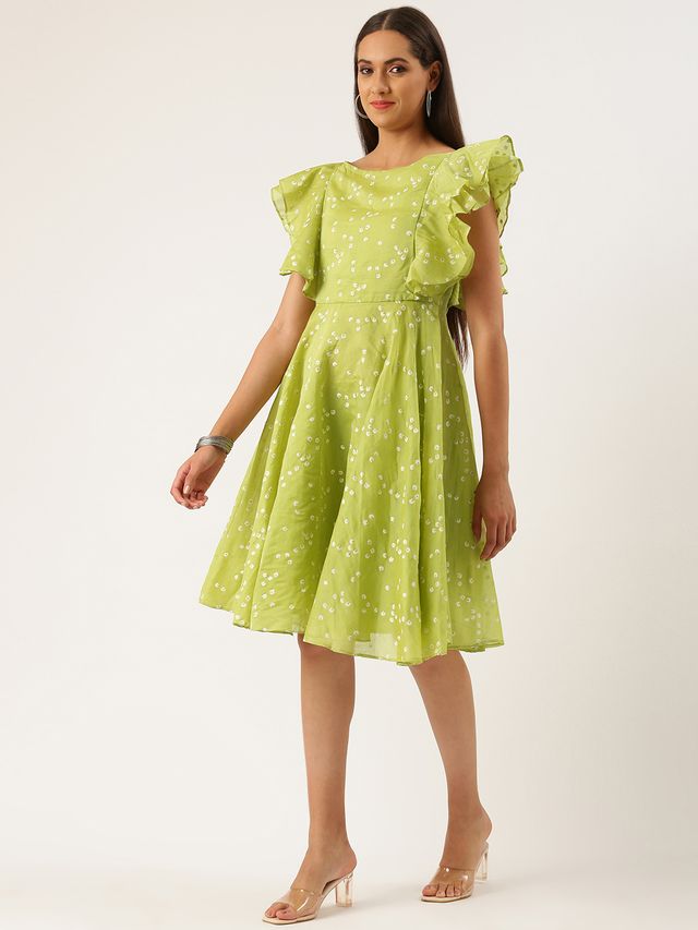Bollywood Vogue Ready To Wear Green Blended Cotton Foil Printed Ruffled Dress