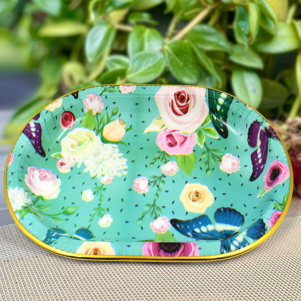 Big Plastic Flower Printed Design Serving Tray (1 Pc 35 X 24 Cm)