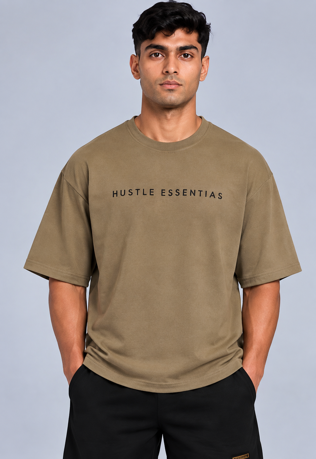 HUSTLE Essentials Men's Crew Neck Oversized Tees - Muted Olive Khaki