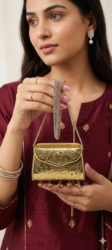 Buddy Cares Metal Gold Crossbody Bag with Chain Strap and Bell Charms, Woven Texture Sling Purse – Rectangular – view 3 – Buddy Cares