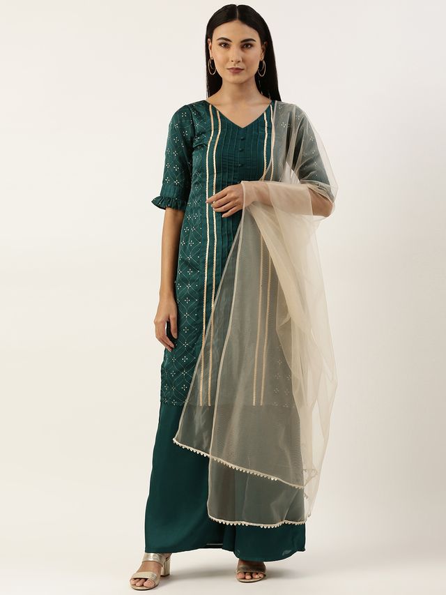 Bollywood Vogue Ready To Wear Teal Green Art Silk Print Salwar N Palazzo Suit