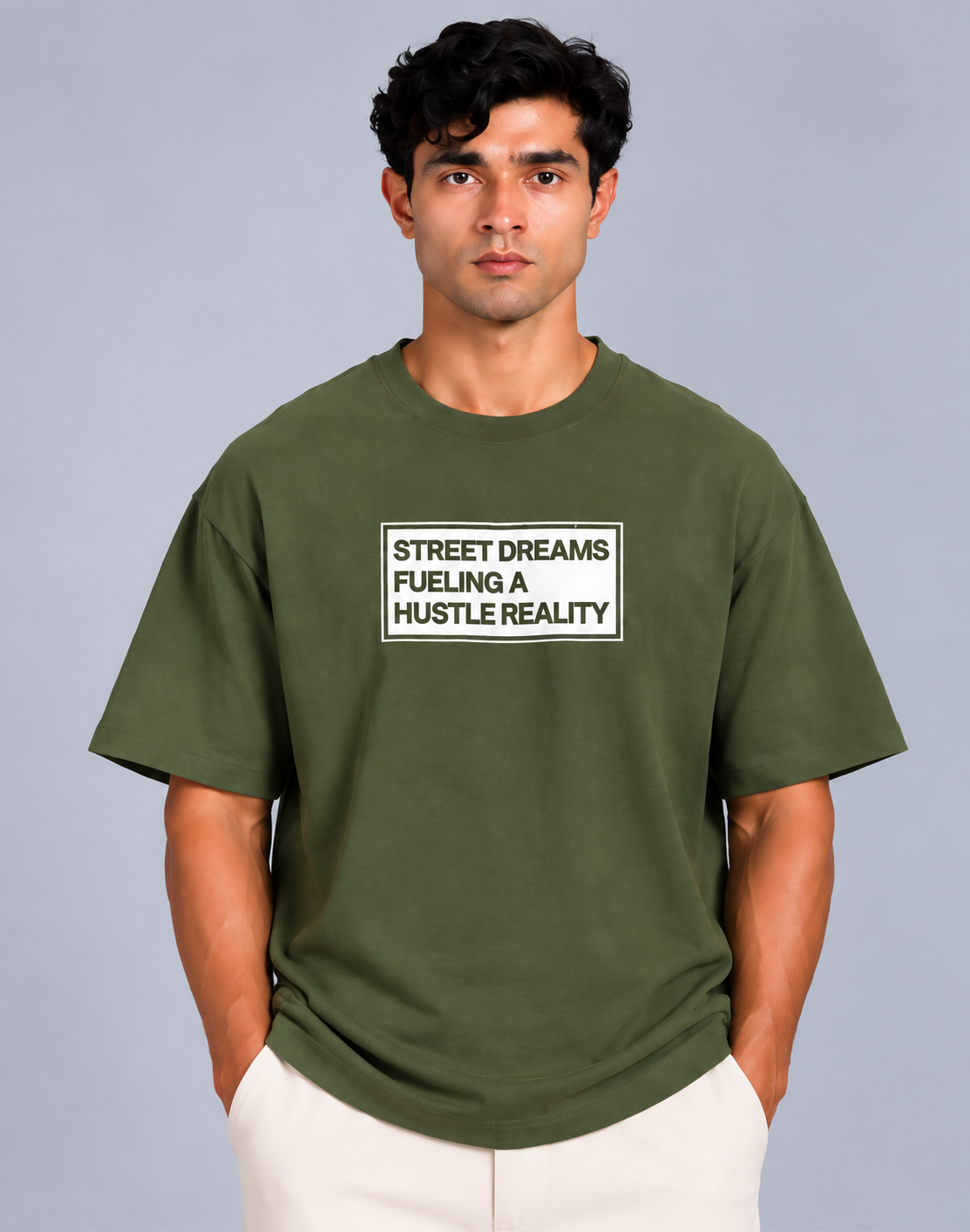 HUSTLE Men's Crew Neck Oversized T-Shirt – Dark Olive Green