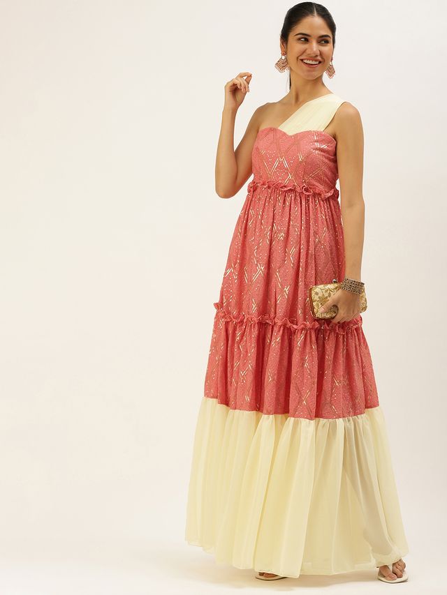 Bollywood Vogue Ready To Wear Peach N White Embroidered Tiered Maxi Dress