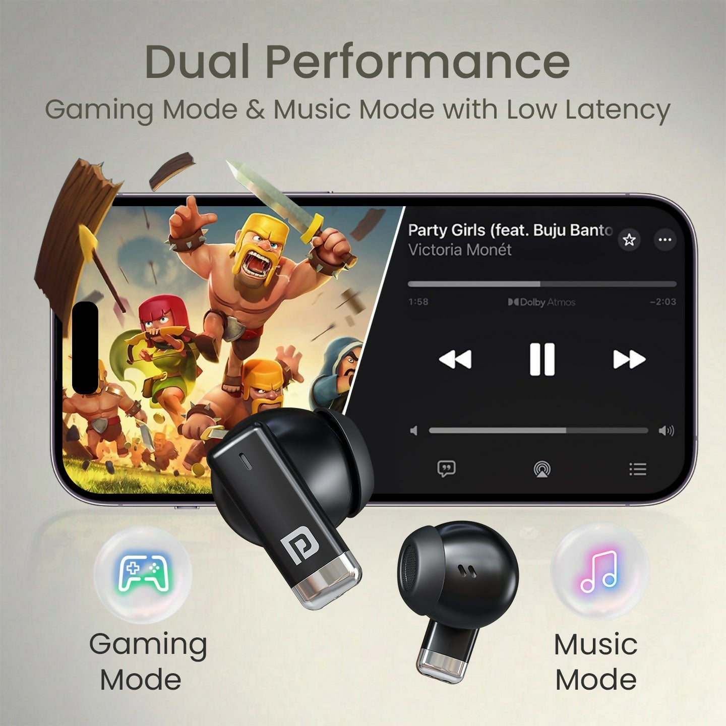 Portronics Twins one in Ear Earbuds with Deep Bass, Upto 30 Hours Playtime,13mm Dynamic Driver, Game/Music Mode, Bluetooth V6.0, Voice Assistant, Type C Fast Charging Buds, Lightweight Design(Black)