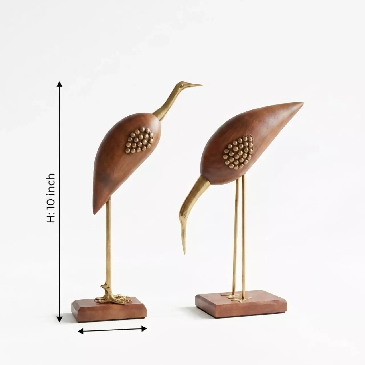 Santarms Handcrafted Wooden & Brass Bird Sculpture Set – Tabletop Home Décor Showpiece, 24 cm, Brown