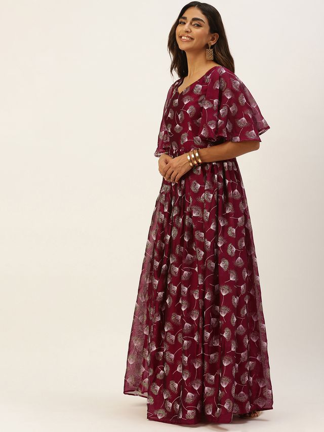 Bollywood Vogue Ready To Wear Maroon Satin Blend Foil Printed Slit Maxi Dress