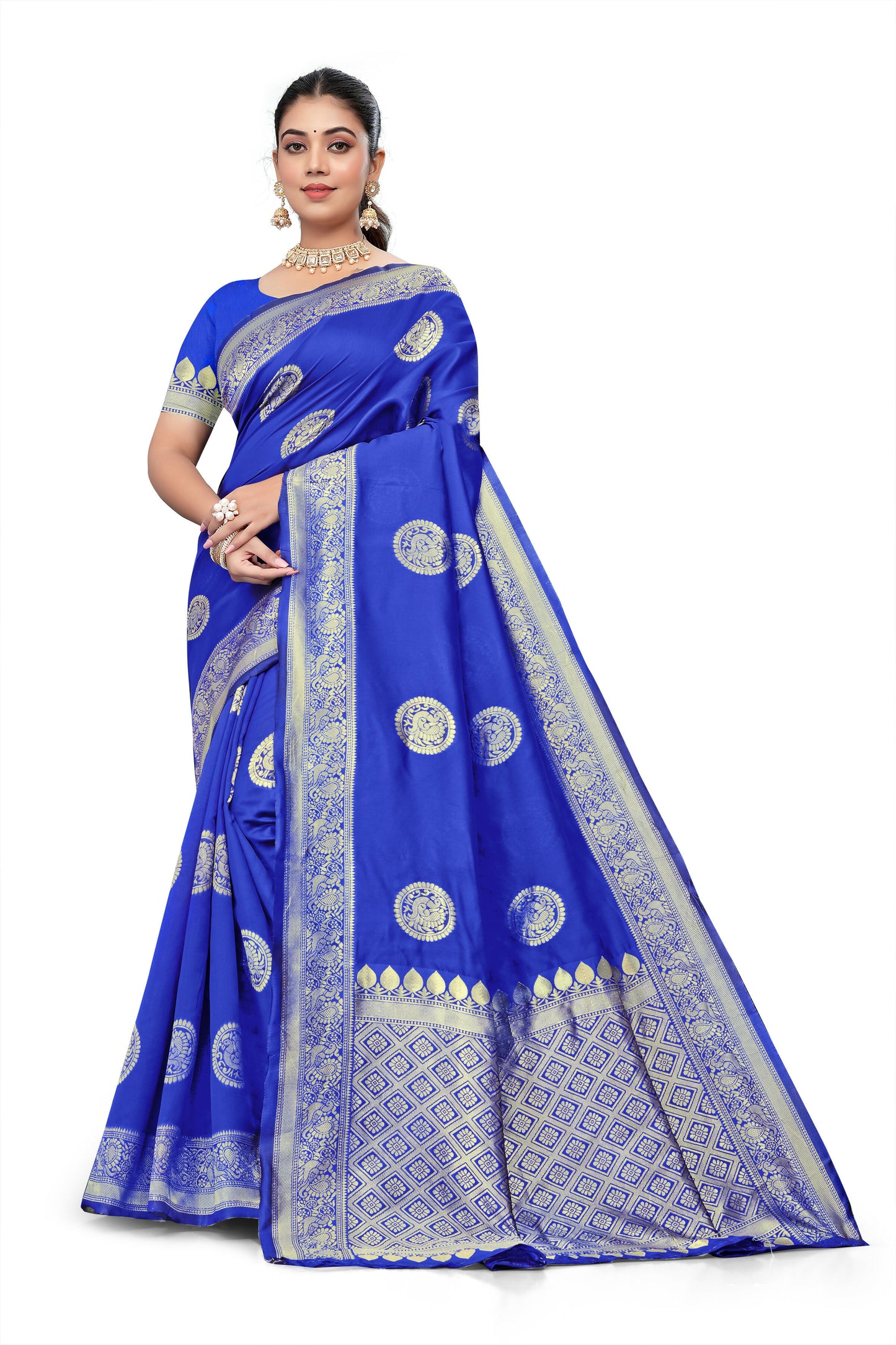AXONIT Classic Royal Blue Banarasi Silk Saree with Silver Zari Border