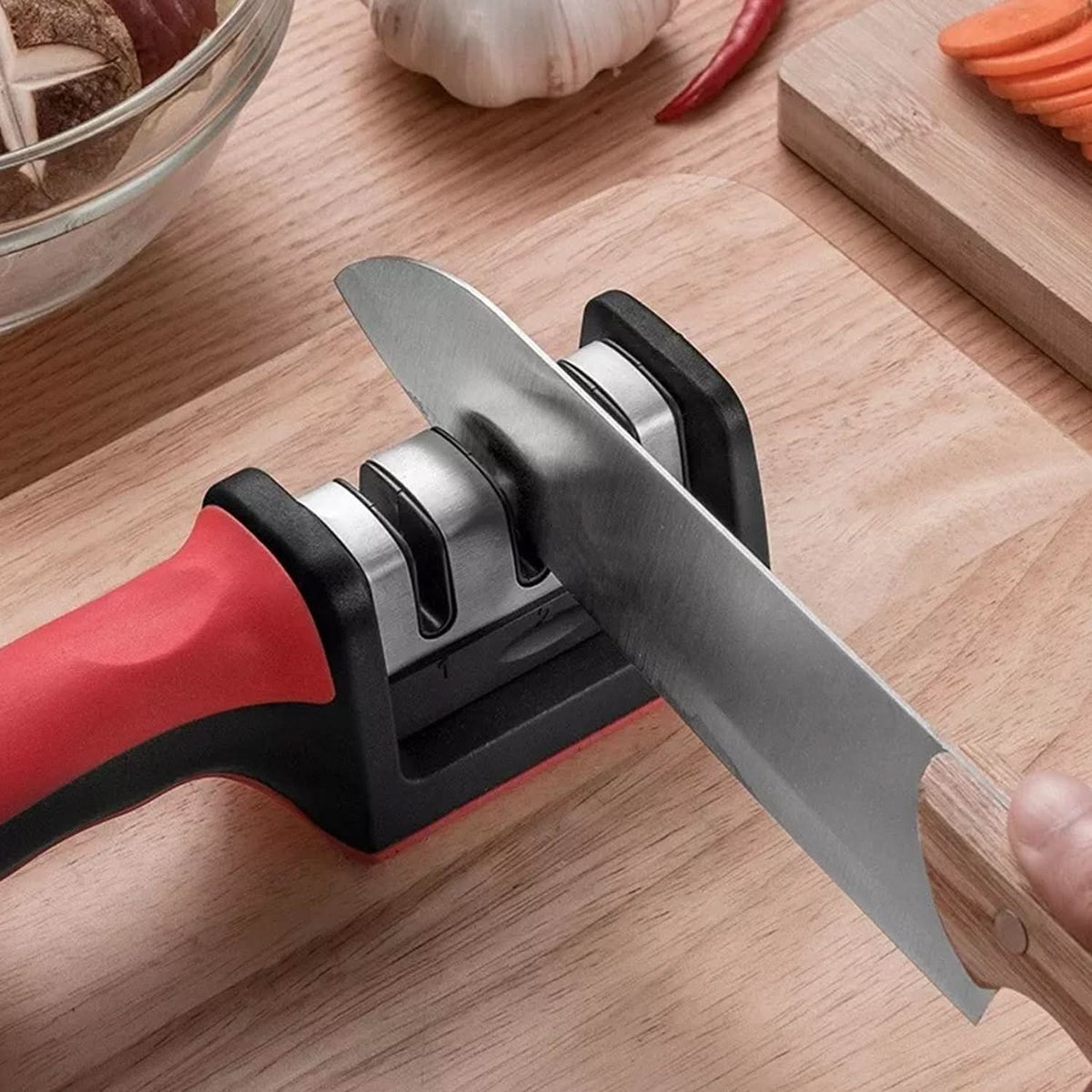 Manual Red Knife Sharpener 3 Stage Sharpening Tool For Ceramic Knife And Steel Knives. HP DD