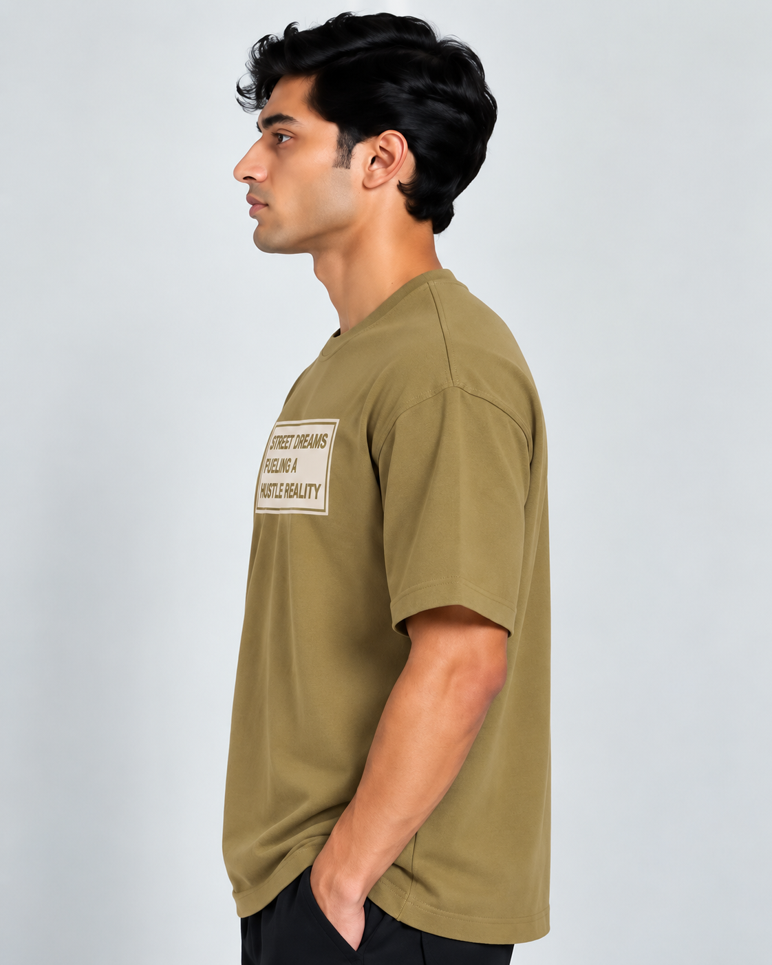 HUSTLE Men's Crew Neck Oversized T-Shirt – Khaki Olive