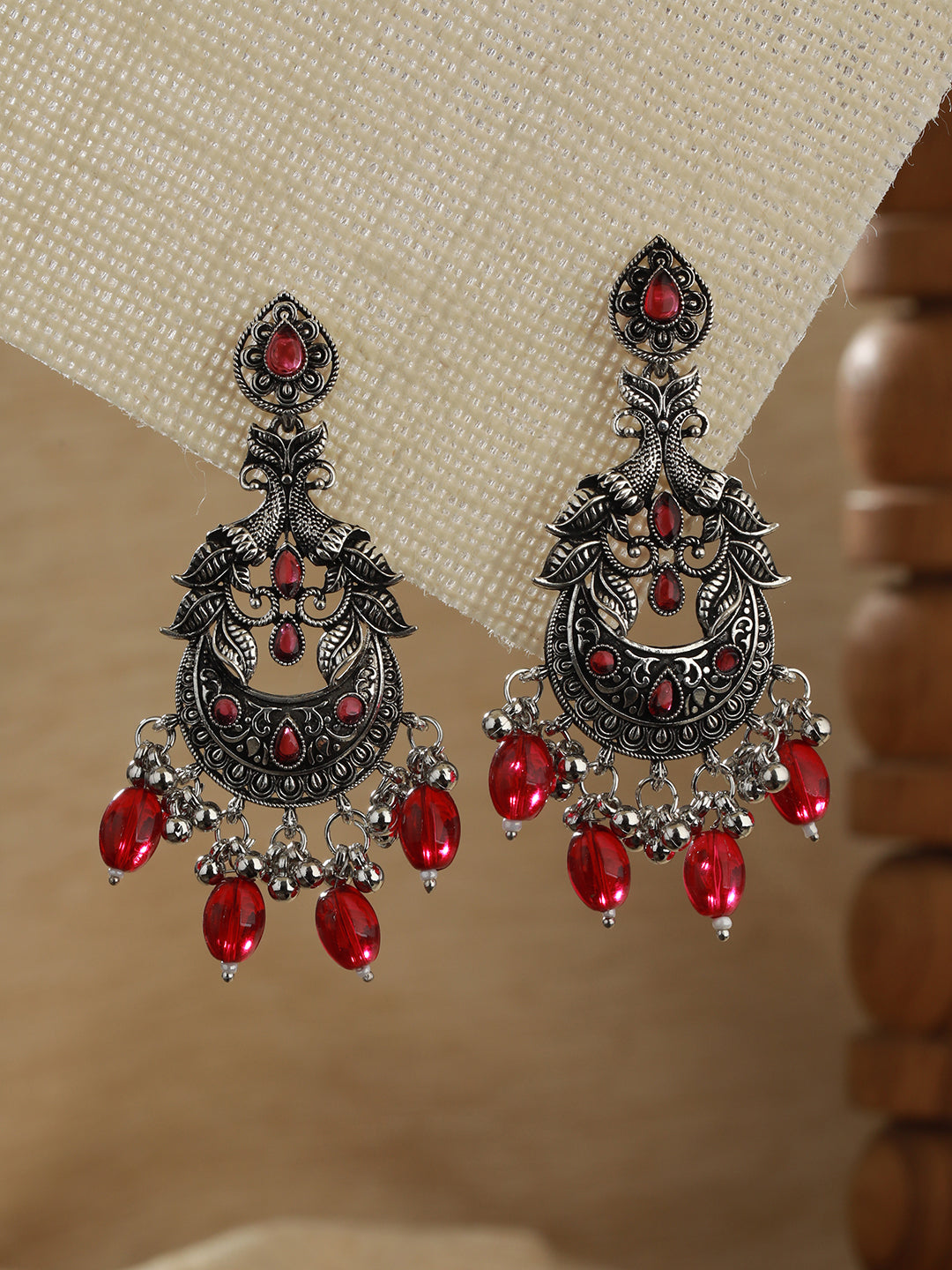 Red Silver-Plated Kundan Studded Peacock Shaped Chandbalis