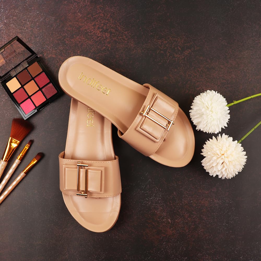Indifeet Flat Buckle Sliders for Women - Nude - View 2