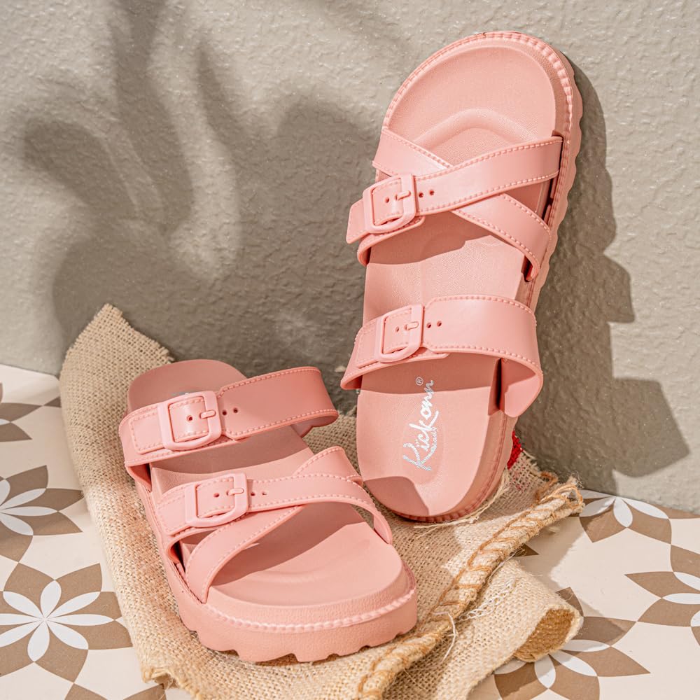 Indifeet Open Toe Buckle Sliders for Women - Peach - Image 18