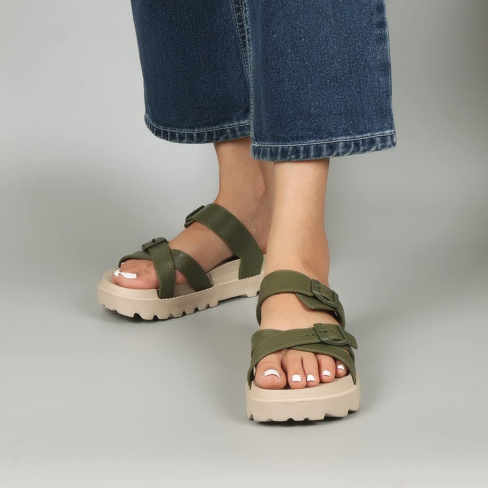 Indifeet Open Toe Buckle Sliders for Women - Green - Image 8