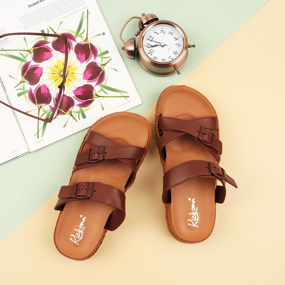 Indifeet Open Toe Buckle Sliders for Women - Brown - Image 2