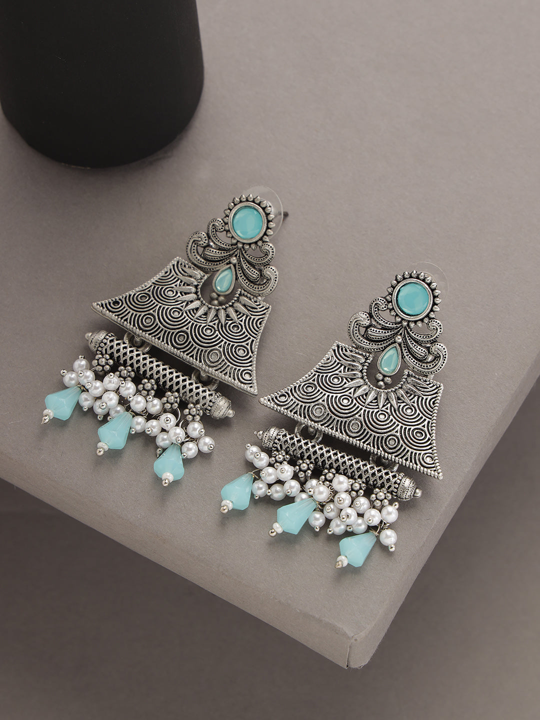 Silver-Toned & Turquoise Blue Dome Shaped Drop Earrings