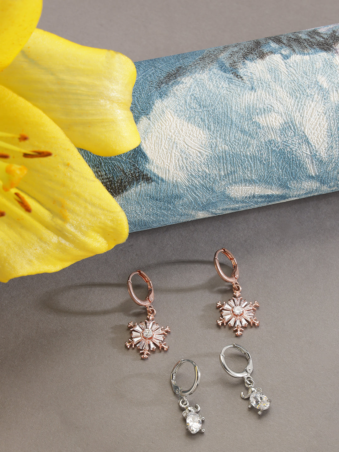 Set Of 2 Rose Gold American Diamond Studded & Silver Plated Drop Earring