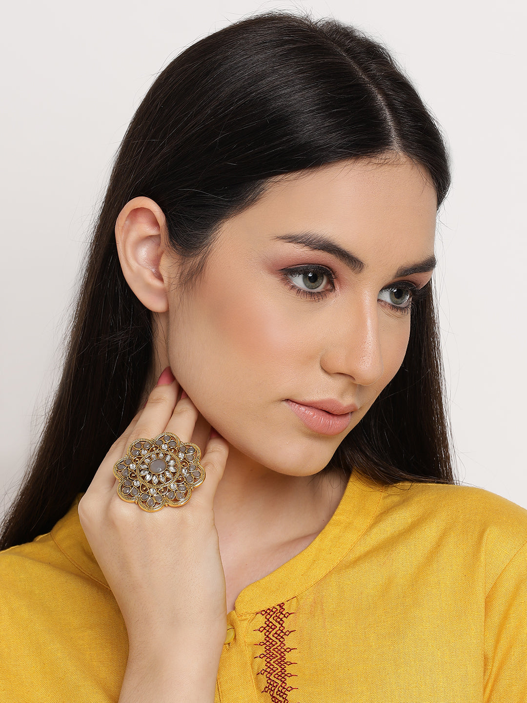 Gold-Plated Grey Kundan-Studded Finger Ring