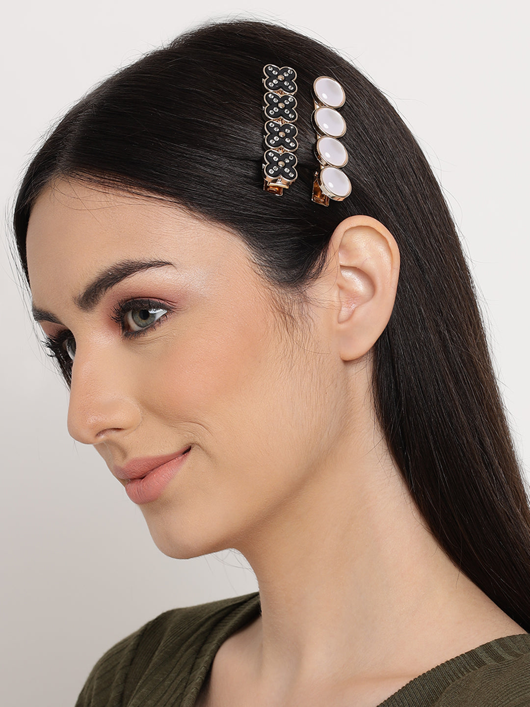 White & Black Set Of 2 Embellished Alligator Hair Clip