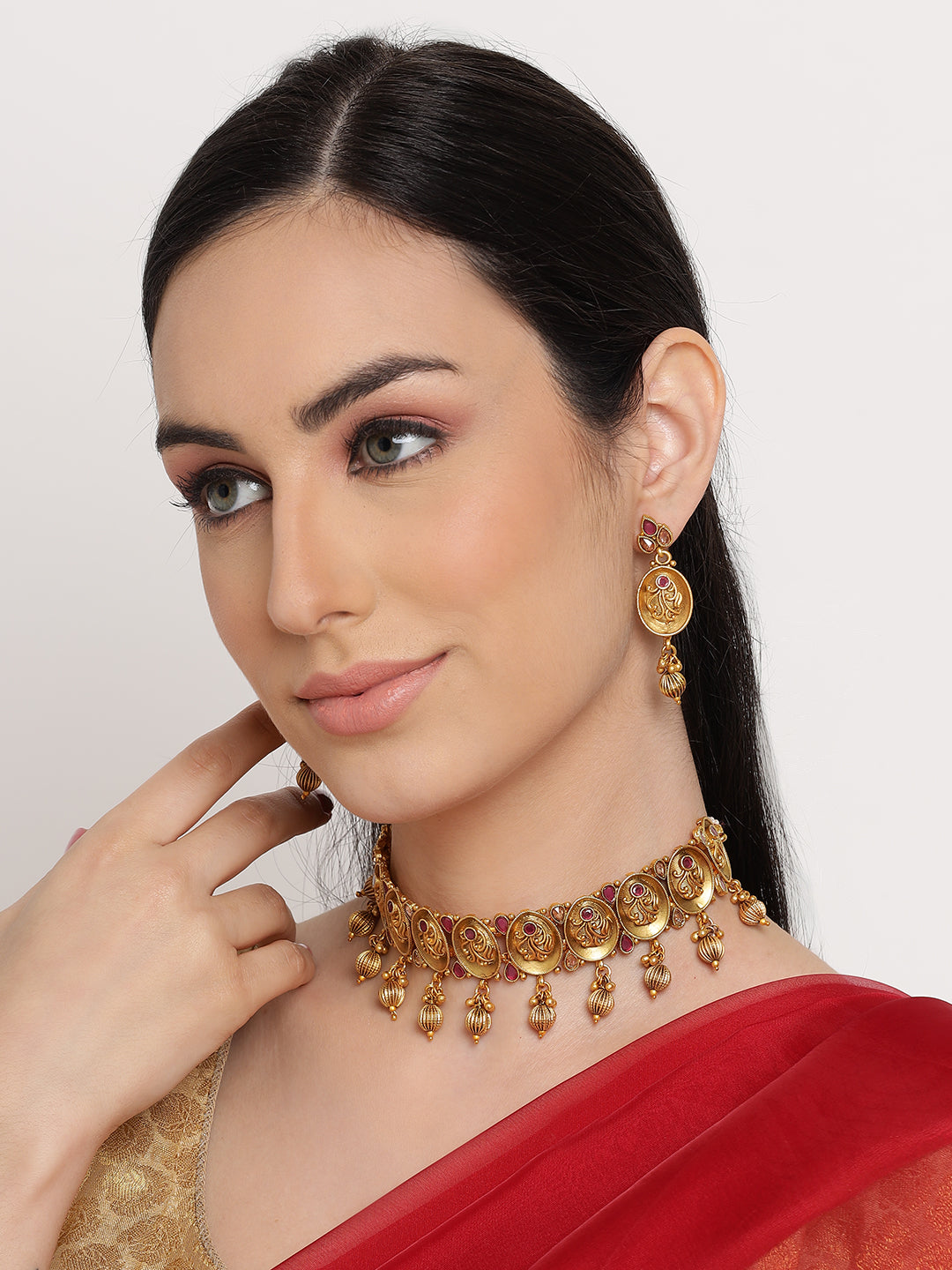 Gold-Plated Emarald Floral Antique Choker Jewellery Set