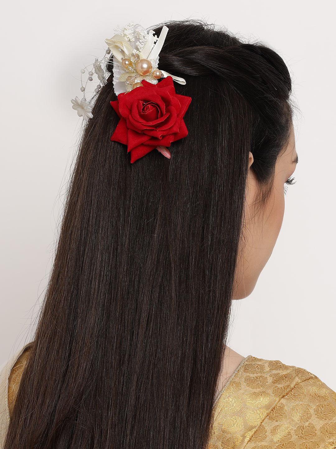 Red Rose & Golden Pearls Handcrafted Alligator Side Hair Clip