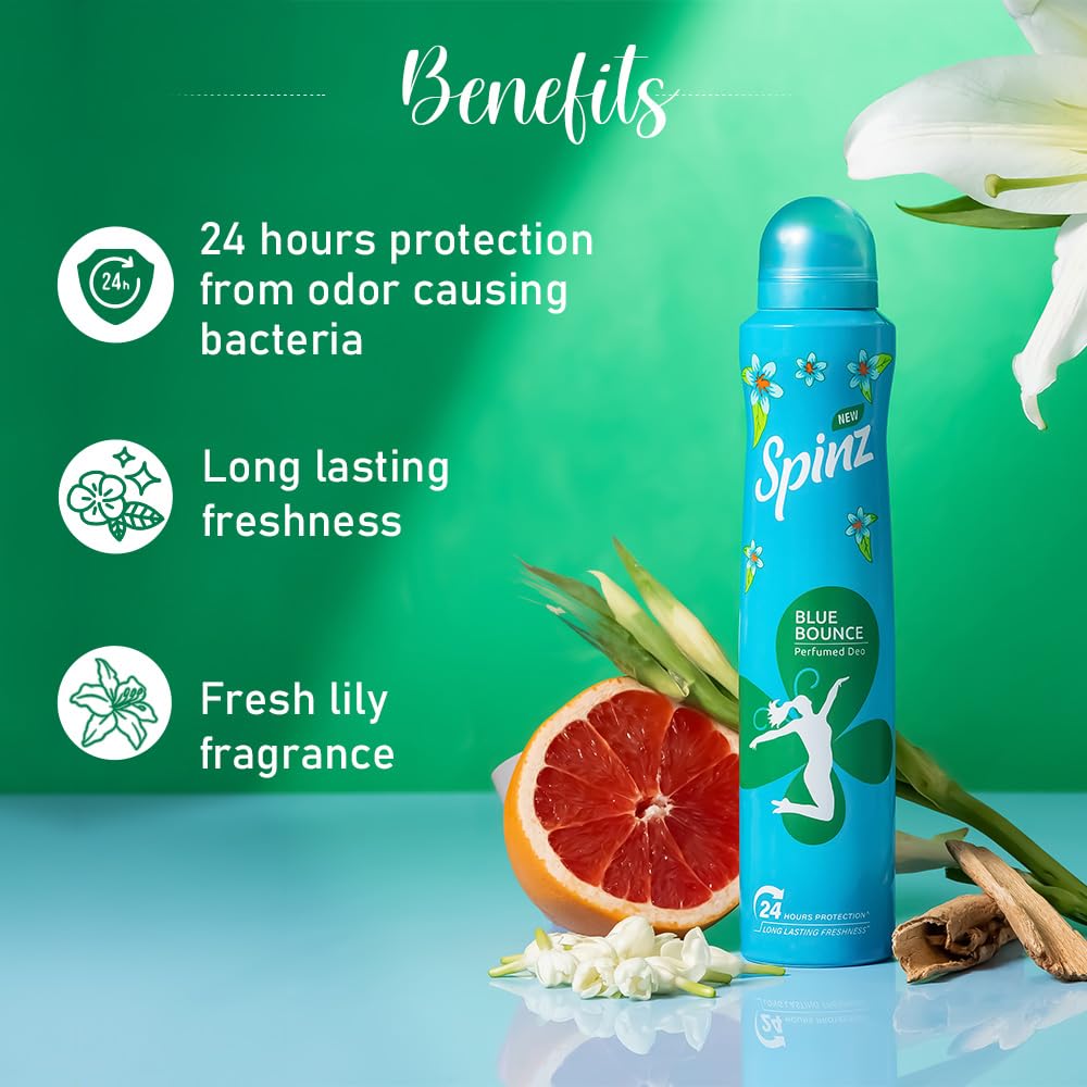 SpinZ Blue Bounce Perfumed Aerosol Deo For Women, With Fresh Tuberose Fragrance For Long Lasting Freshness And 24 Hours Protection From Odour Causing Bacteria, 200Ml HP Xpress
