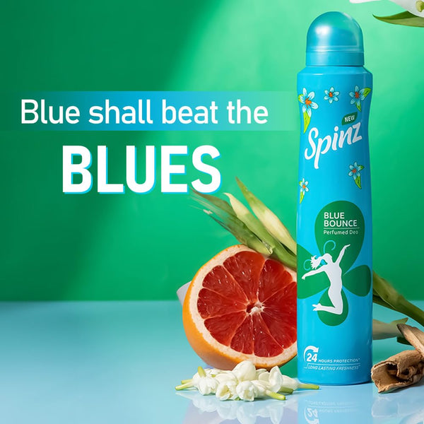 SpinZ Blue Bounce Perfumed Aerosol Deo For Women, With Fresh Tuberose Fragrance For Long Lasting Freshness And 24 Hours Protection From Odour Causing Bacteria, 200Ml HP Xpress