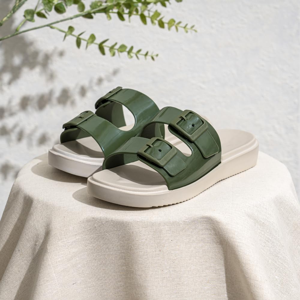 Indifeet Rubber Double Buckle Slides for Women - Green - Image 8