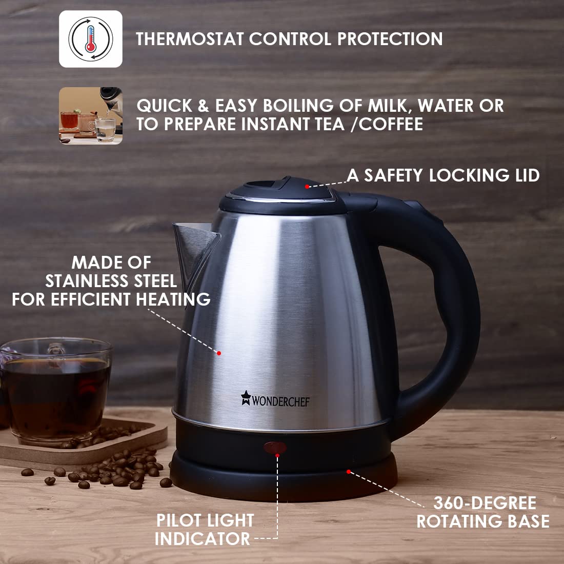 Wonderchef Crescent 1.5 L Electric Kettle Beverage Maker – Black
