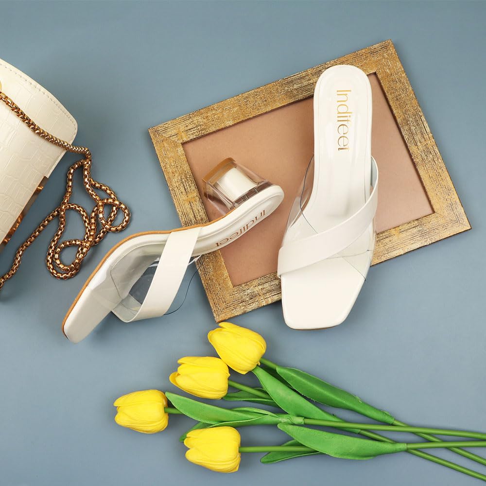 Indifeet Cross Strap Block Heels - White - View 2