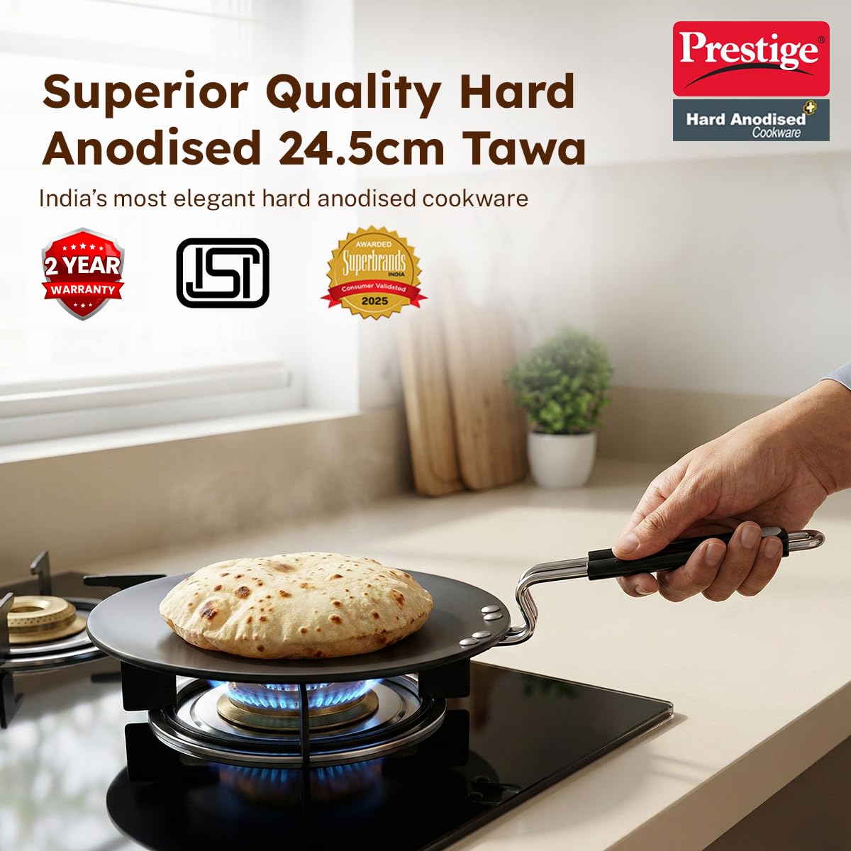 Prestige Hard Anodised Chapati Tawa 24.5 cm, Extra Thick Base (4.88 mm), Gas & Induction Compatible, Metal Spoon Friendly Stay Cool Handle, Wide Base, ISI