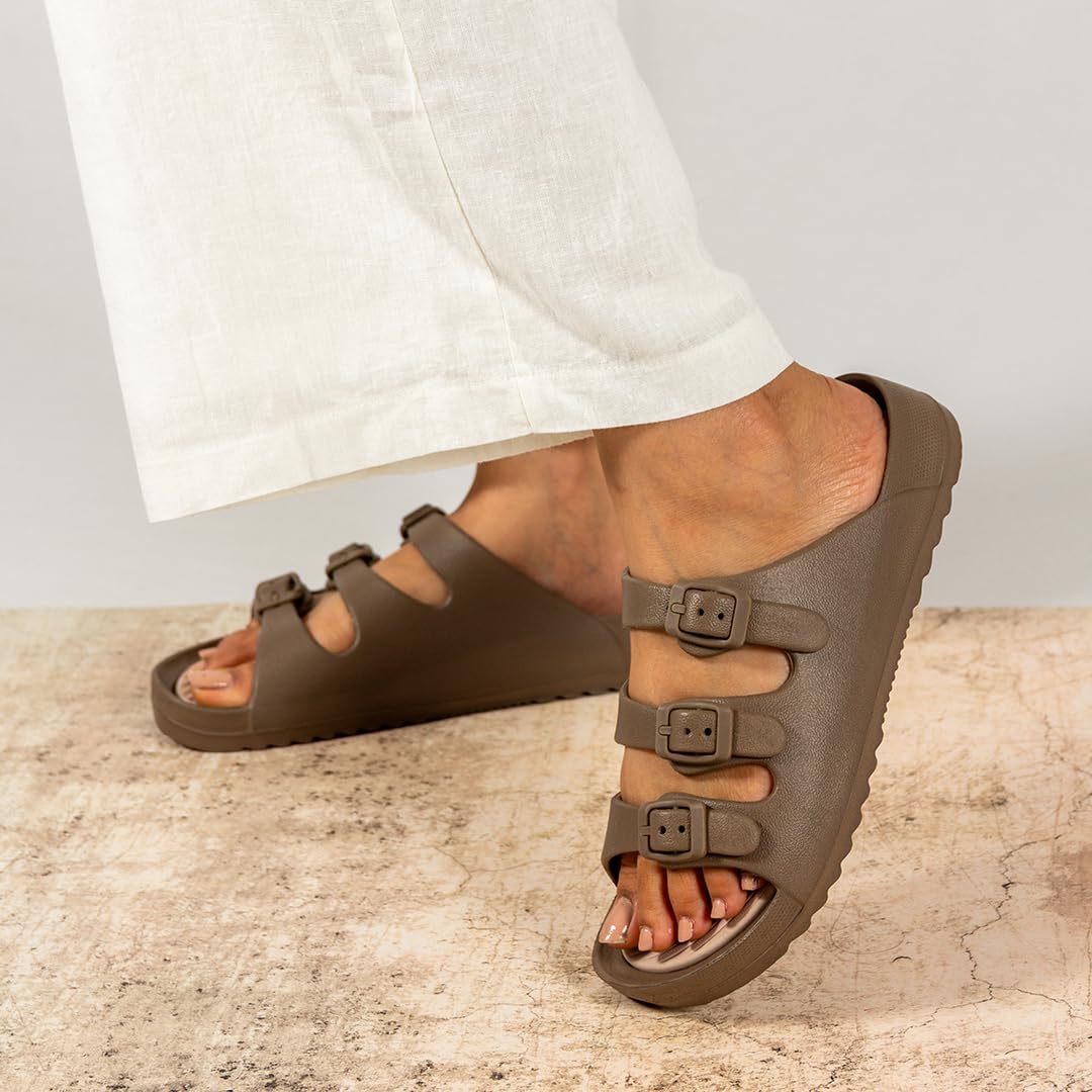 Indifeet Rubber Buckle Sliders for Women - Brown - View 4